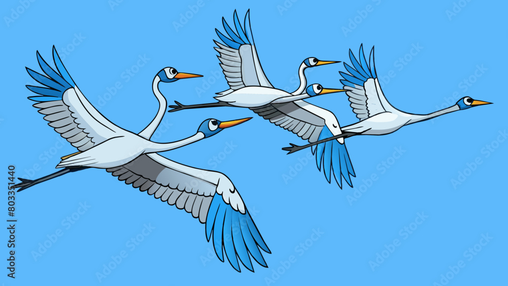Aufkleber high in the sky a group of cranes migrated in vformation their large wings flapping gracefully again
