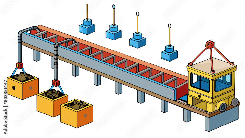Poster in a busy factory a large overhead conveyor system moves heavy metal components from one assembly st