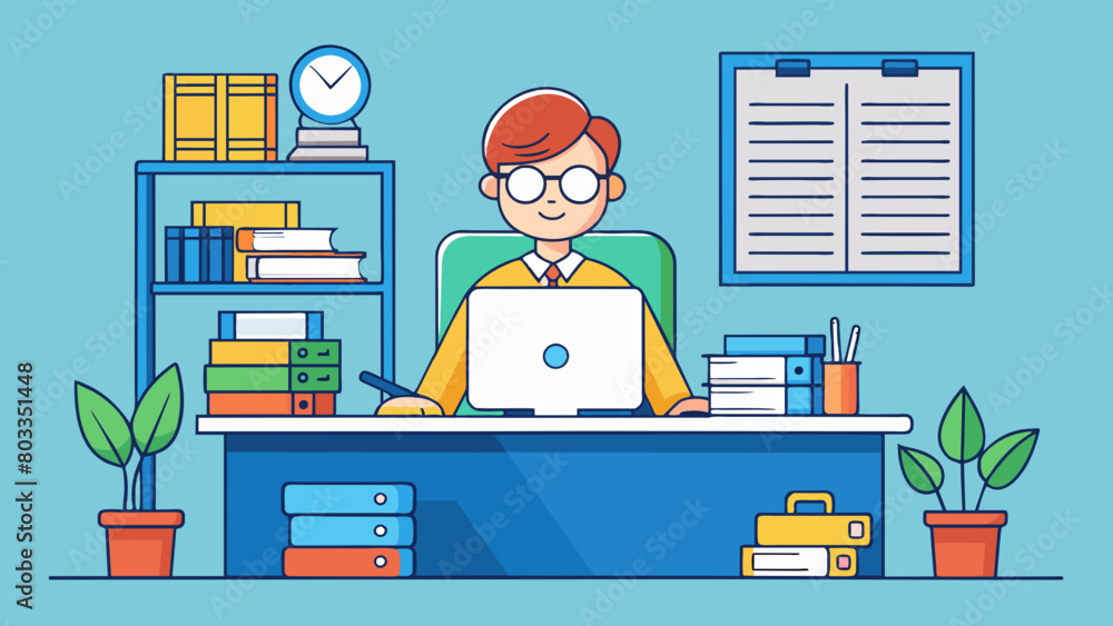Poster In a busy office a worker sits at their desk typing away on a computer surrounded by stacks of papers and files. Their desk is organized and tidy with. Cartoon Vector