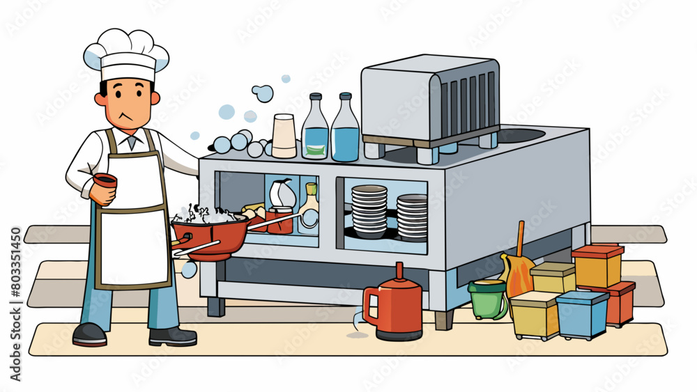 Poster in a busy restaurant kitchen the dishwasher has stopped functioning. the water that once sprayed for