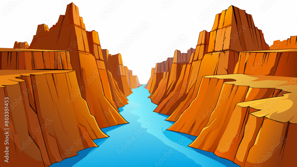 Poster in a canyon filled with towering cliffs a narrow river ss through the rocky terrain. the water is cr