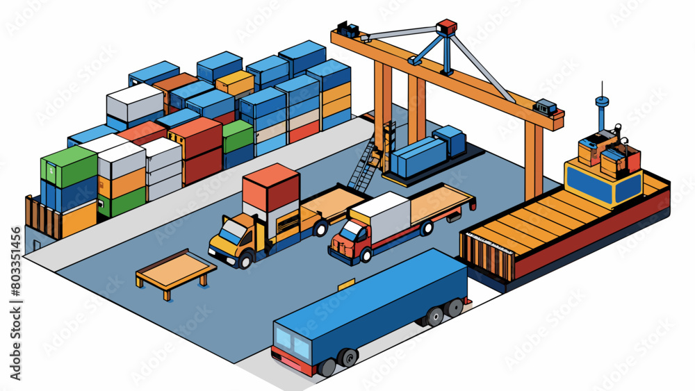 Poster In a busy port cranes and large cargo vessels are used to load and unload containers onto trucks for distribution across the country. This strategic. Cartoon Vector