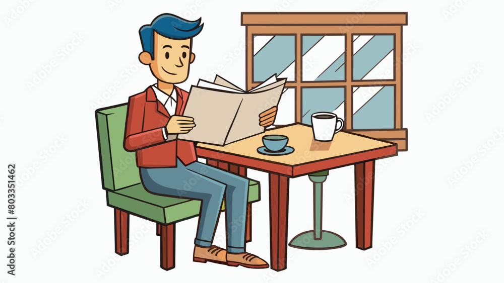 Poster in a busy coffee shop a man sits at a table with a newspaper spread out in front of him. he sips his
