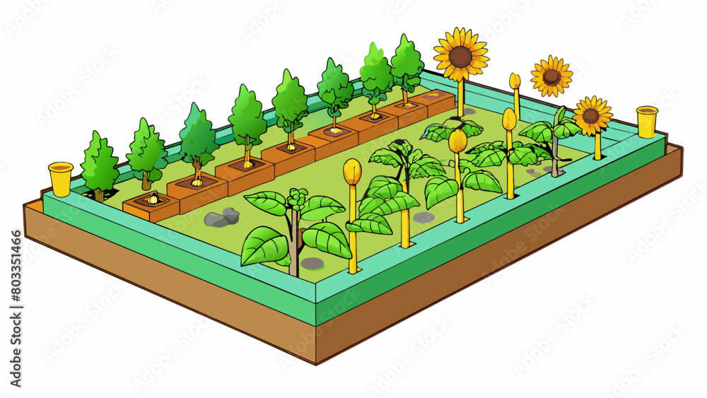 Poster in a community garden the distribution of plants is varied and intentional. some areas have an abund