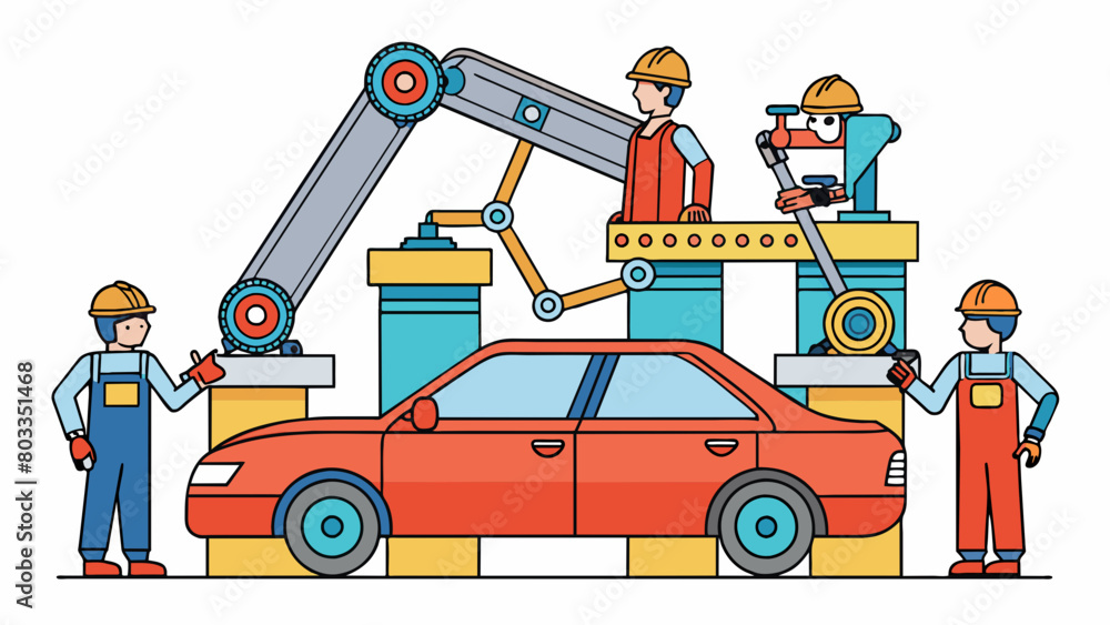 Poster in a car manufacturing plant robotic arms work in tandem with human workers to piece together variou