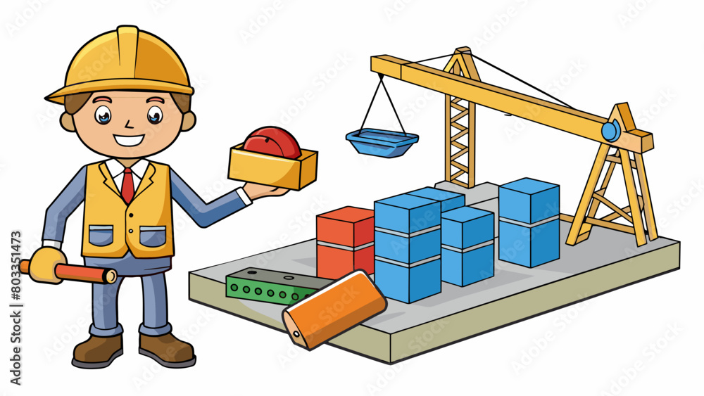 Poster In a construction site a project manager regularly inspects the strength and durability of the materials used in the building process such as concrete. Cartoon Vector