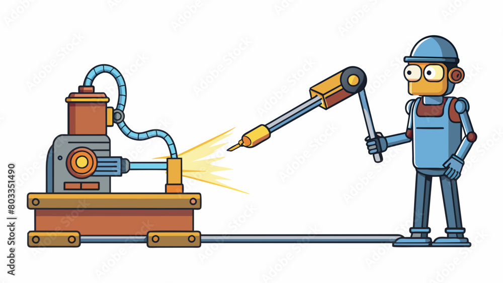 Aufkleber In a dimly lit workshop a welding robot precisely connects two metal pipes using a laser beam to melt the surface of each and create a secure bond.. Cartoon Vector