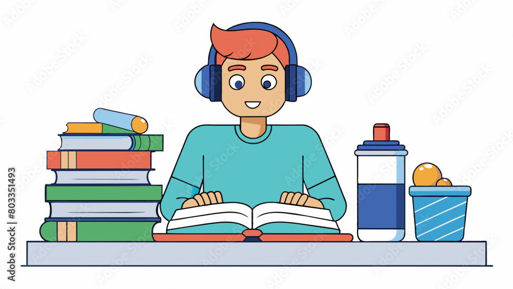 Aufkleber in a crowded library a student is sitting at a table with headphones on intently highlighting and ta