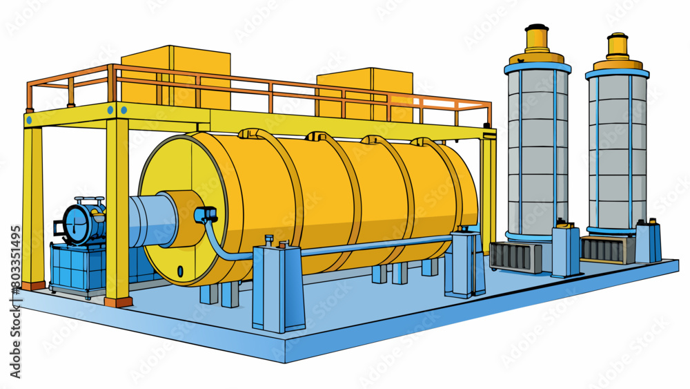 Poster in a factory a large cylindrical compressor towers over a row of machines. it has a strong metal fra