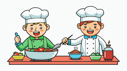 In a cooking competition two chefs are creating the same dish with different ingredients. They frantically chop saut  and season hoping to impress the. Cartoon Vector