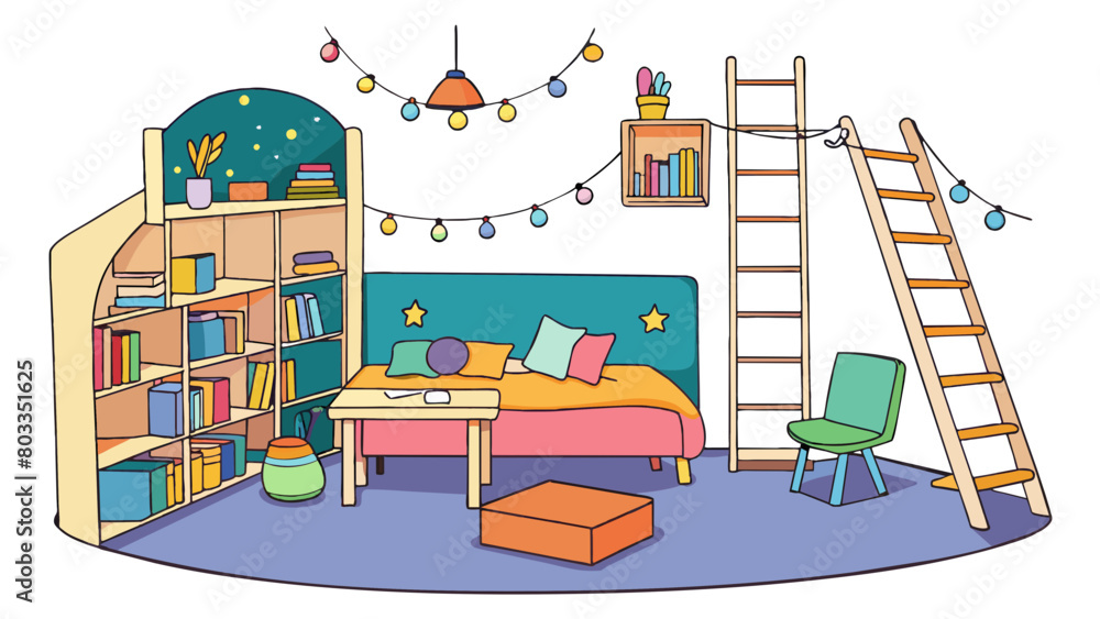 Poster in the bedroom there is a lofted bed with a ladder leading up to it. underneath there is a cozy read