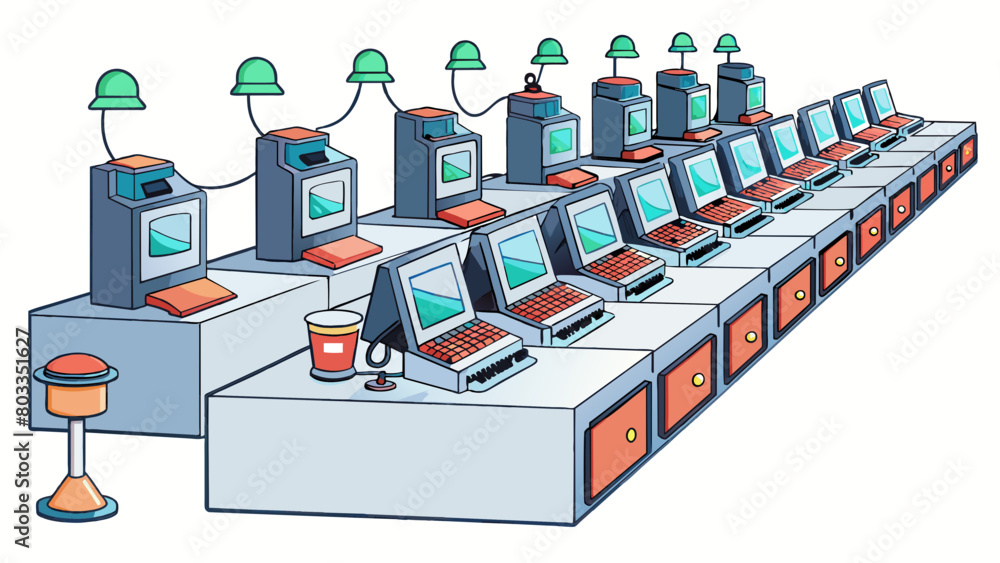 Poster In Lab C rows of computers are lined up along the walls. Each computer is connected to a set of wires and probes that lead to a large machine in the. Cartoon Vector