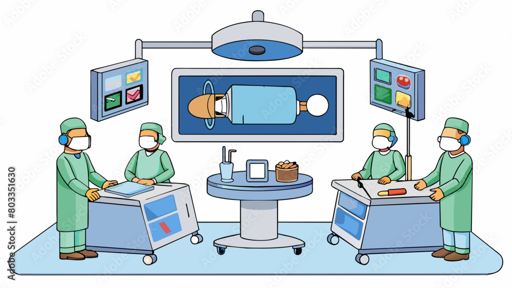 Poster in the corner of the operating room a display screen shows a live feed of the surgical site. the bri