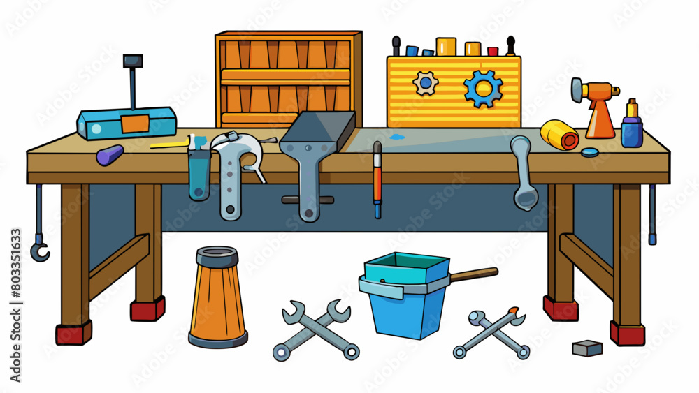 Poster In one corner of the workshop there is a long metal workbench with a heavyduty vise attached to one end. Next to it there is a stack of metal scraps. Cartoon Vector