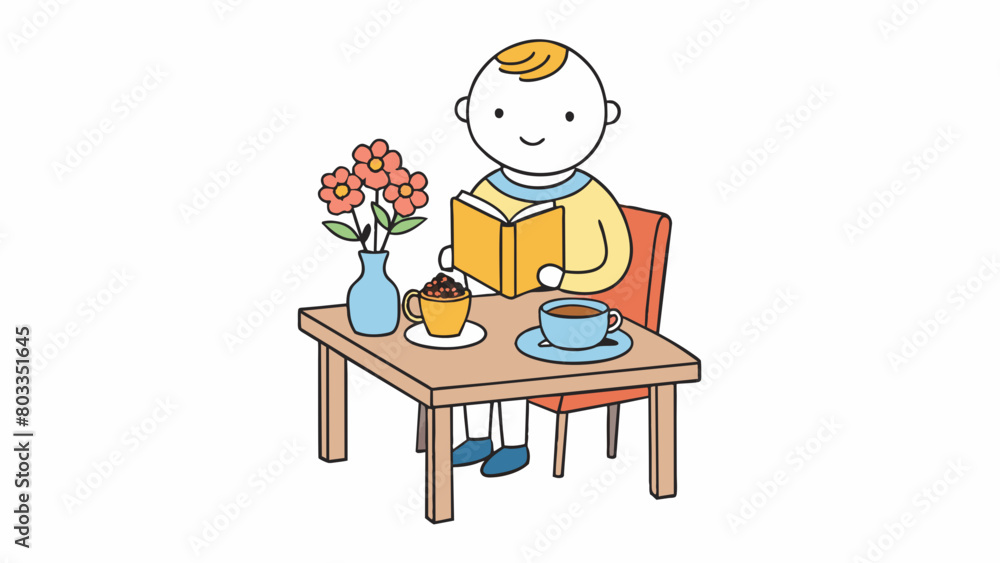 Poster in the restaurant a guest sits comfortably at a table reading a book and sipping on a cup of tea. th