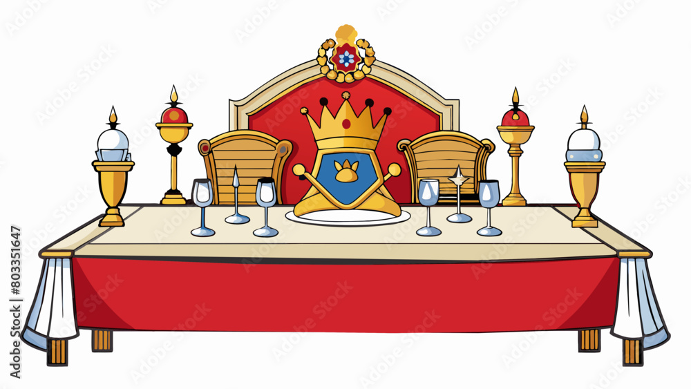 Poster In the grand ballroom a banner hung above the kings table proudly displaying the royal emblem of a lion and a crown. The table itself was adorned with. Cartoon Vector