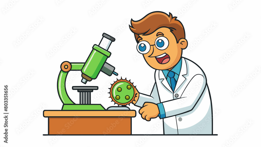 Poster in the lab the analyst peers into a microscope studying a microscopic organism with ae attention to 