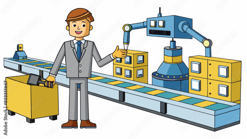 Poster In the factory the employer was a tall and sy machine efficiently overseeing the production line. With a robotic arm and flashing lights it monitored. Cartoon Vector