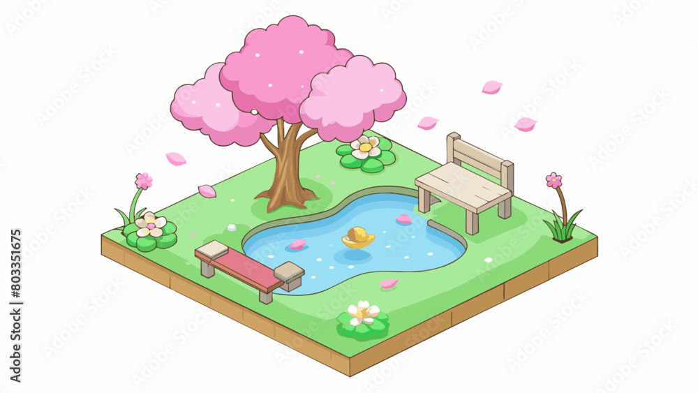 Poster in a serene garden a solitary bench sits under a large cherry blossom tree. the ground is covered in