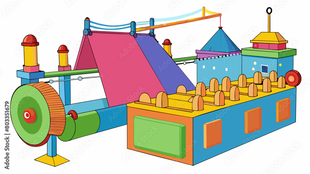 Poster In a textile factory large machines repeatedly spin and weave threads to create colorful fabrics. The production is characterized by the loud whirring. Cartoon Vector