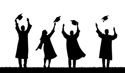 Group of students graduating happily wearing academic attire, gowns or robes and graduation caps and holding diplomas. Boy and girl celebrating university graduation. graduation vector illustration - obrazy, fototapety, plakaty