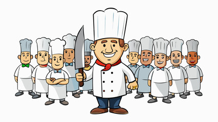 In the middle of a bustling restaurant kitchen stands a wellbuilt middleaged person barking orders to a team of cooks and servers. Clad in a white. Cartoon Vector