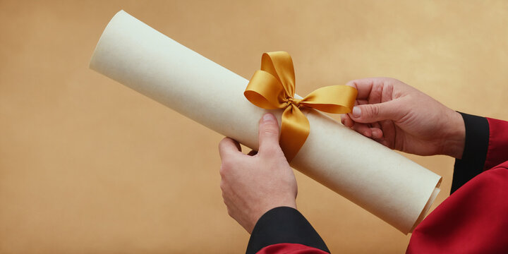 Close-up of graduate's hands holding diploma scroll tied with ribbon, with academic gown visible