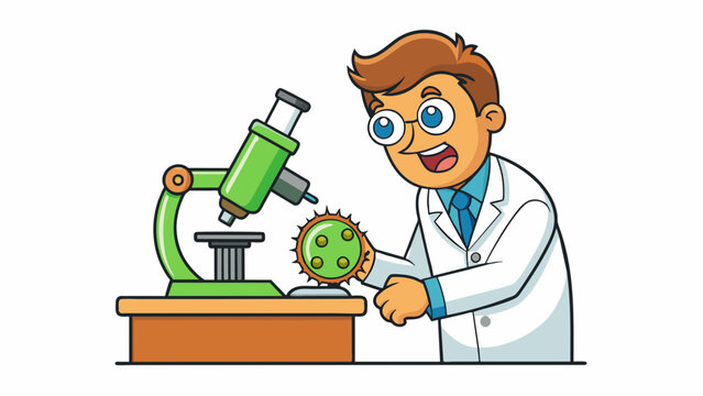 In the lab the analyst peers into a microscope studying a microscopic organism with ae attention to detail. They odically record their findings making. Cartoon Vector