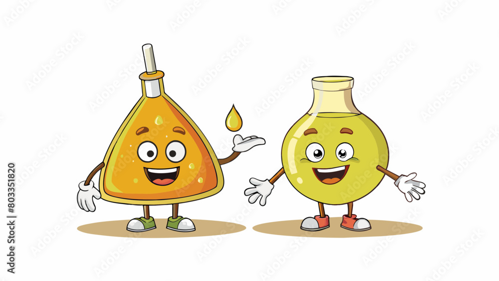 Poster Mixing oil and vinegar results in the formation of small droplets showing a physical reaction due to the immiscibility of the two substances.. Cartoon Vector