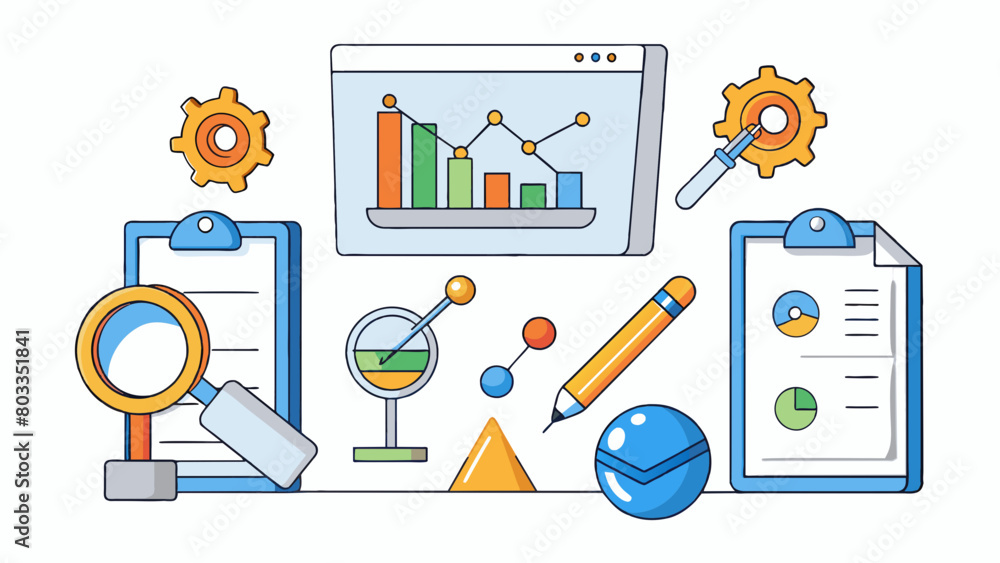 Sticker Object characteristics Scientific task data collection and analysis.. Cartoon Vector