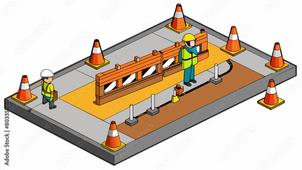 Poster on a busy urban street bright orange cones and barricades block off a section of the road where a ne