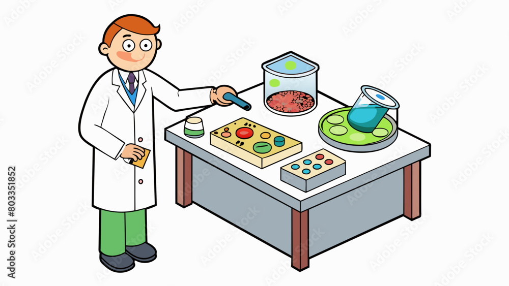 Poster On a large metal desk in Lab D there are several petri dishes filled with nutrient agar and swabbed with different types of bacteria. A scientist in a. Cartoon Vector