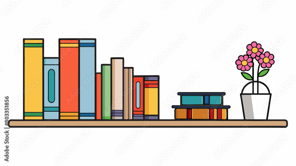 Poster On a bookshelf a stack of books is p next to a vase of flowers. The books are tall and narrow while the vase is short and wide. Despite their. Cartoon Vector