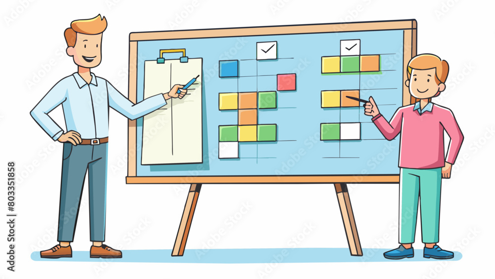 Poster Office Time Management Workshop The presenter stands next to a large whiteboard filled with colorful sticky notes and neat handwriting. Each note. Cartoon Vector