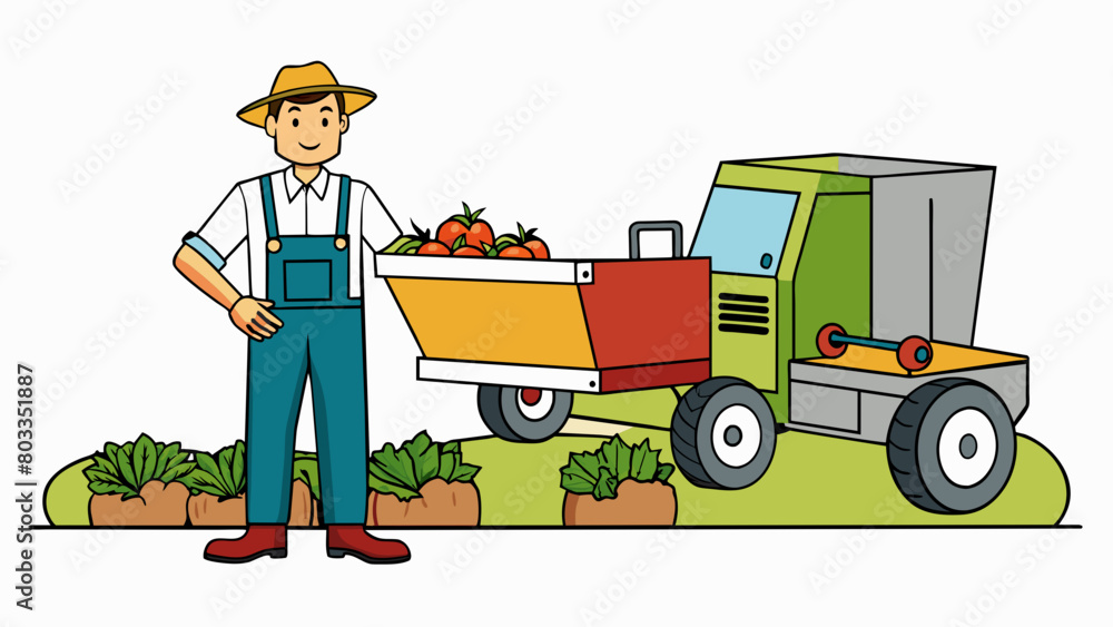 Poster on a farm a farmer guides a large machine through a field harvesting crops and filling baskets with 