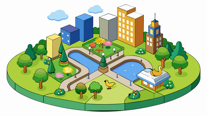 Nestled between towering buildings a tiny park offers a peaceful oasis in the busy city. Vibrant flower beds winding paths and a small pond filled. Cartoon Vector