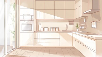 Fototapeta premium Modern Minimalist Kitchen Design With Warm Sunlight and Neutral Tones