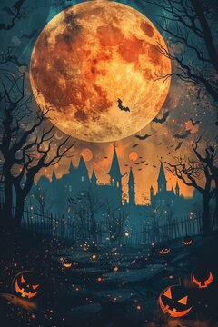 Spooky Halloween night scene with haunted house and pumpkins