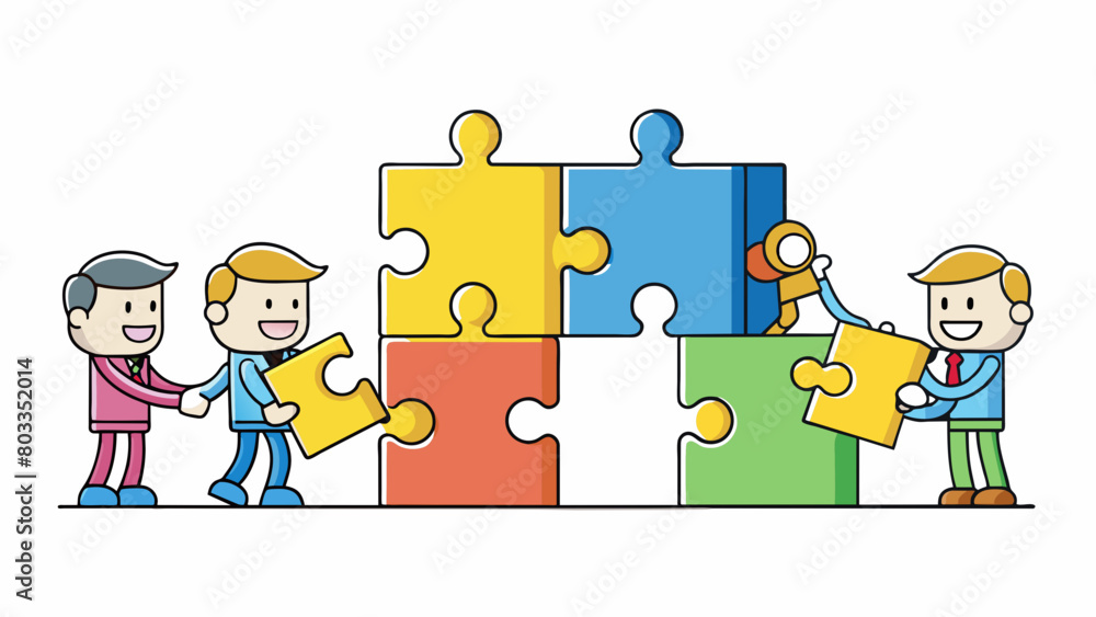 Poster Putting 4 pieces of a puzzle together with 3 more pieces completing the puzzle with a total of 7 pieces.. Cartoon Vector
