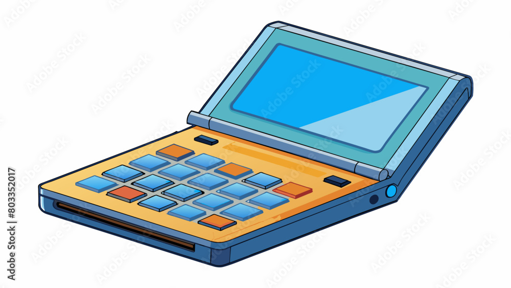 Poster Rectangular device with a flip cover that opens to reveal a full keyboard ideal for easy typing and messaging. It has a small screen on the front for. Cartoon Vector