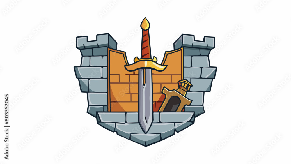 Wall mural propped up against the crumbling stone wall of the abandoned castle a rusted sword rested in its wea