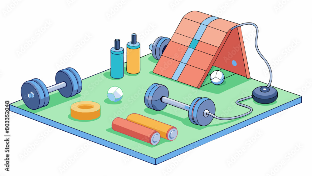 Poster Preparing for a workout at the gym A thick rubber mat is laid out on the floor ready for stretching or floor exercises. A set of dumbbells of various. Cartoon Vector
