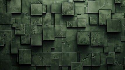 Modern abstract geometric banner featuring a textured 3D wall in army green with a design of squares and square cubes, suitable for use as a dynamic wallpaper background