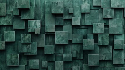 Modern abstract geometric banner featuring a textured 3D wall in army green with a design of squares and square cubes, suitable for use as a dynamic wallpaper background
