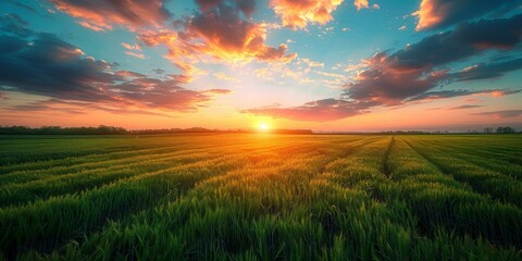 Field of wheat under a setting sun - obrazy, fototapety, plakaty