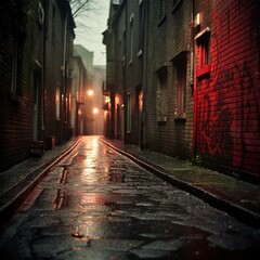 A dark and empty alleyway with a red door at the end