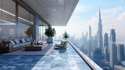 Modern architectural visualization of a spacious balcony with expansive blue flooring, featuring a panoramic skyline view, rendered in stunning 3D detail