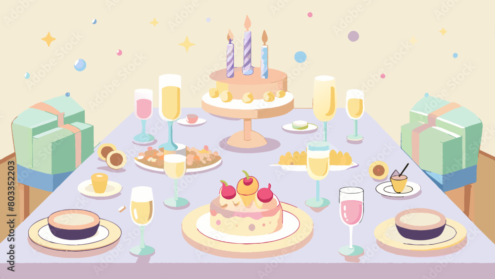 Poster Soft music played in the background setting the atmosphere for an intimate gathering with loved ones. A table filled with finger foods and sweets. Cartoon Vector
