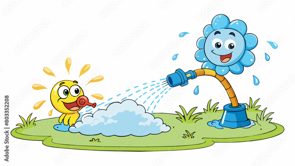 Poster splashing droplets of water from a sprinkler on a hot summer day. the water is refreshing and create