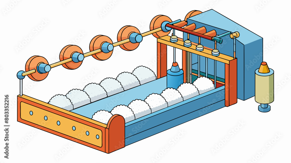 Aufkleber Spinning In a factory setting long strands of fluffy cotton are fed into a massive machine which pulls and twists the fibers until they form a thin. Cartoon Vector